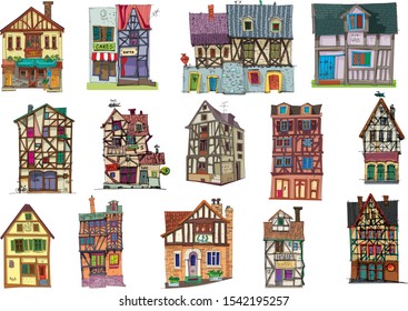 A big set of cute old half timbered houses. Medieval facades. Cartoon. Caricature.