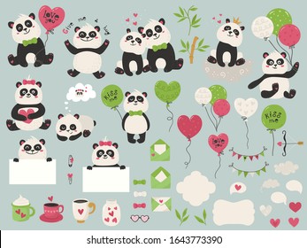 Big set with cute panda bears, balloons and other items. Love design