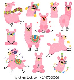 Big set of cute pink llamas. Cartoon alpaca vector collection. Animals hand drawn style isolated on white background for children's and kids books, print, poster, stickers, fabric.