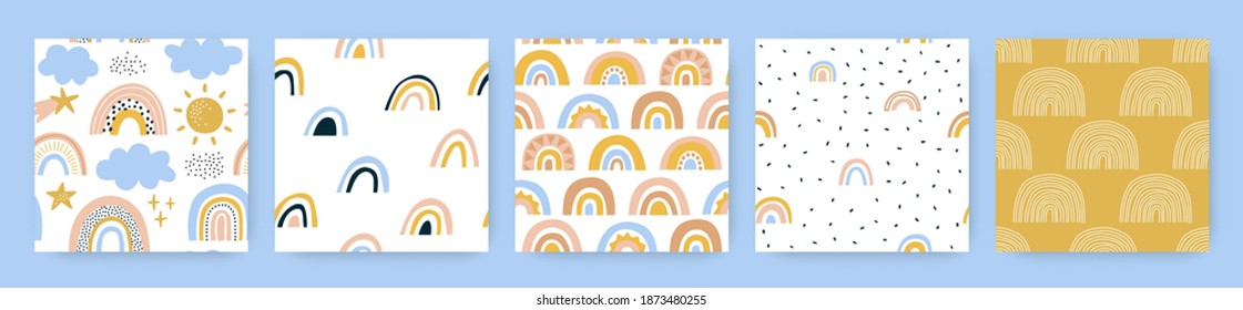 Big set of cute rainbow cartoon seamless patterns in childish style. Soft pastel color children background collection with adorable hand drawn sky decoration for nursery wallpaper, baby shower design.