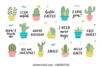 Big set with cute retro cacti and hand lettering quotes. Ideal for stickers, prints and cards. Vector illustration.