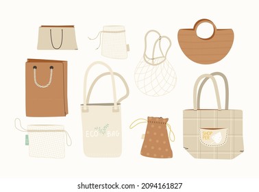 Big set of cute reusable shopping bags. Pouch for fruits and vegetables. Eco-friendly shopping bag. No plastic and zero waste concept. Vector isolated trendy illustrations.