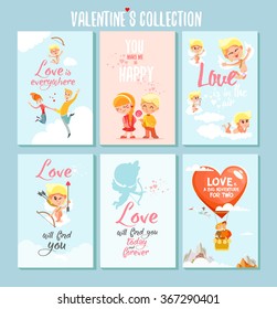 Gran juego de adorables tarjetas o afiches para el día de San Valentín. Ilustración vectorial con pueblos de caricaturas, cupidos y niños enamorados.