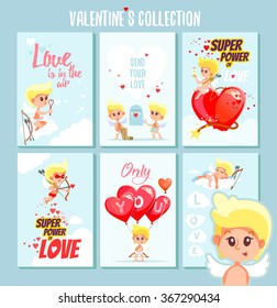 Big set of cute romantic printable cards or posters for valentine's day.Vector illustration with cartoon cupids in various poses an situations.