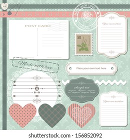 Big set of cute scrapbook design elements on seamless mint green damask pattern.