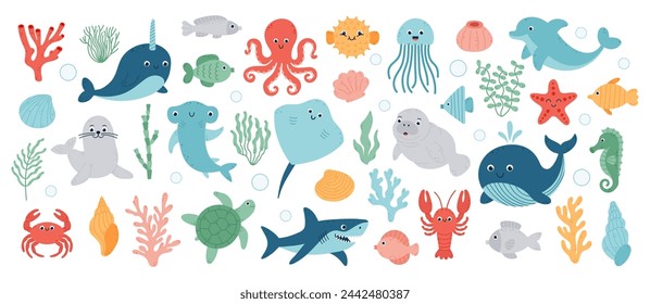 Big set with cute sea animals, shells, corals, seaweed. Kawaii sea life character elements. Cartoon vector illustration