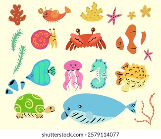 Big set with cute sea animals, Cute sea character lifes