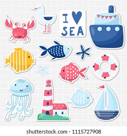 Big set of cute sea elements for cards and stickers. Marine theme design. For anniversary, birthday, party invitations, scrapbooking, cards. Vector illustration