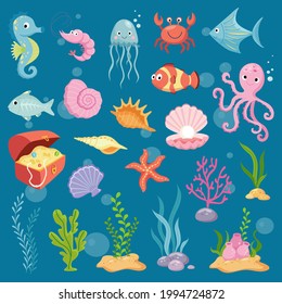 Big set of cute sea life creatures cartoon animals seton blue background vector illustration