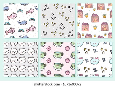 Big set of cute seamless pattern cat collection background