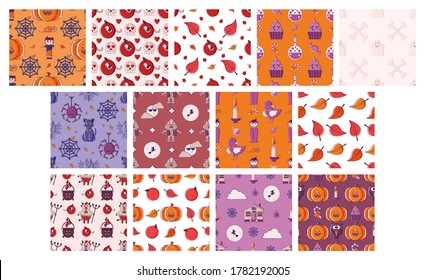 Big set of cute seamless patterns with Halloween characters and elements. Linear style illustration.