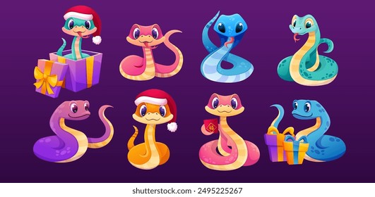 Big Set of cute snakes. Chinese horoscope zodiac sign, New Year of snake 2025. Kawaii reptile characters, vipers for greeting card, sticker, calendar, background. Vector cartoon children illustration