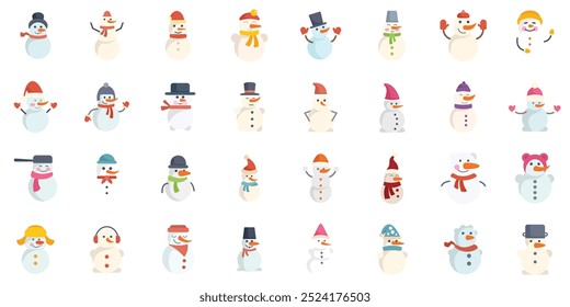Big set of cute snowman characters wearing hats and scarves enjoying winter holidays
