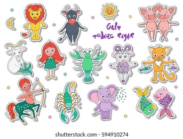 Big set of cute sticker fantastic animals and characters as zodiac signs. Kids horoscope. Vector illustration on white background. Size A4. Design elements for calendars or cards.