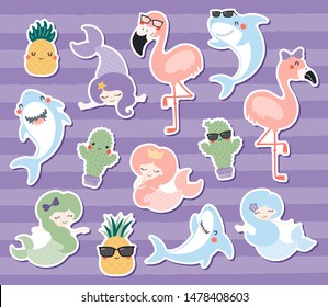 Big set of cute stickers with mermaids, cacti, pineapples, flamingos, sharks. Hand drawn vector illustration. Flat style design. Color drawing. Concept for summer children print.