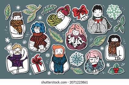 Big set of cute stickers - a variety of men and women in warm clothes. Christmas elements, snowflakes, branches, gifts, leaves. Hand drawn winter illustration isolated on layers. Baby funny style.