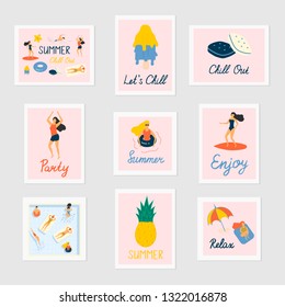 Big set of cute summer greeting cards. Dancing, surfing, chilling people. Party invitation with pineapple and juicy ice cream. Beach banner templates. 