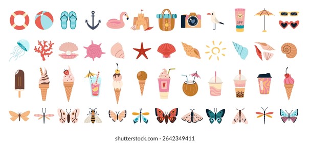 Big set of cute summer icons including various ice cream, seashells, butterflies, flowers and beach elements.  Trendy modern vector illustration isolated on white background, hand drawn, flat design