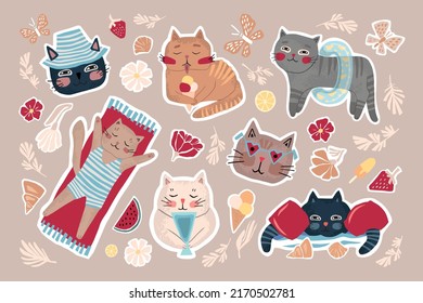 Big set of cute summer stickers. Different cats on summer vacation. Vector flat illustration for kids in scandinavian style.