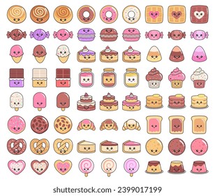 Big set of cute sweet icons in kawaii style, featuring cheerful faces and rosy cheeks, perfect for sweet designs. Vector.