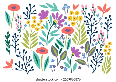 Un gran conjunto de flores y elementos vegetales de moda y adornados con un fondo blanco.