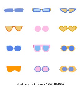 Big set of cute and trendy sunglasses for summer against bright sun, ultraviolet. Vector illustrations in bright colors isolated on the background. For sticker, scrapbook, fabric, social media, poster