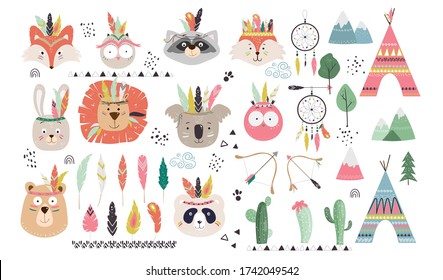 Gran conjunto con lindas caras de animales tribales indígenas (búho, oso, conejito, zorro, león, panda), wigwam teepee, flechas, plumas, cazador de sueños, cactus, bosque. Ilustración vectorial. 