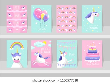 Big set of cute unicorn cards. Motivational and inspirational posters with unicorns. Born to be a Unicorns. Dream like a unicorn. Happy Birthday. Vector illustration.