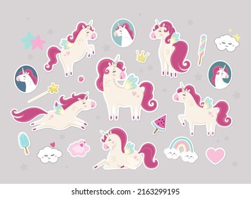 Big set of cute unicorn stickers with fairy elements. Little princess theme. Gentle pastel colors. Useful for baby room interior, apparel, birthday party and other celebration