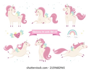 Big set of cute unicorns and elements on white background. Vector illustration for birthday, invitation card, kids t-shirts. Cute horses in different poses. Pony animal with magical design for kids 