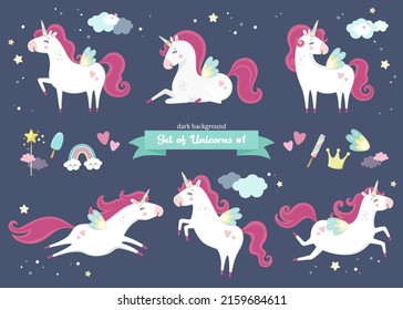 Big set of cute unicorns and elements on dark background. Vector illustration for birthday, invitation card, kids t-shirts. Cute horses in different poses. Pony animal with magical design for kids 