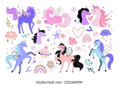 Big set of cute unicorns, flowers, moon and stars. Vector cartoon illustration. T-shirt design for children