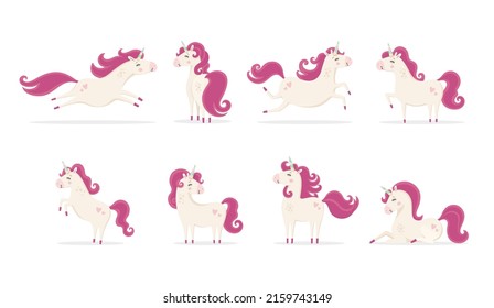 Big set of cute unicorns on white background. Vector illustration for birthday, invitation, baby shower card, kids t-shirts. Cute horses in different poses. Pony animal with magical design for kids 