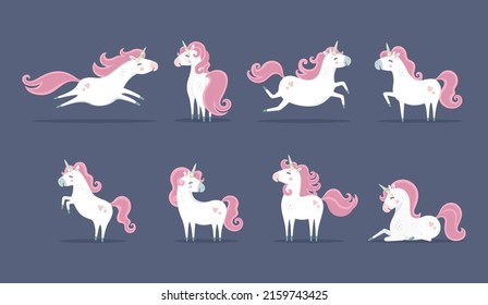 Big set of cute unicorns on dark background. Vector illustration for birthday, invitation, baby shower card, kids t-shirts. Cute horses in different poses. Pony animal with magical design for kids 