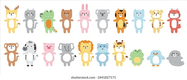 Big set of cute various animals soft hair style design.Zoo.Cartoon character hand drawn.Wild,reptile,pet,farm,rodent animal collection.Kawaii.Vector.Illustration.