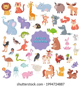 Big set of cute vector animals on white background