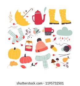 Big set of cute vector autumn attributes. Autumn mood. Illustration with knitted hat, scarf, umbrella, cup of tea and autumn plant. Perfect for background, prints, cards. Hand drawn collection.