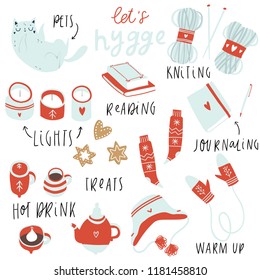 Big set of cute vector illustration hygge elements. Autumn and winter mood. Home decorations isolated on white background. Scandinavian style. Red blue white