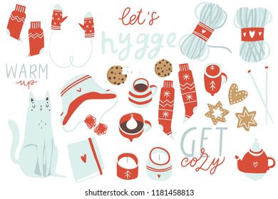 Big set of cute vector illustration hygge elements. Autumn and winter mood. Home decorations isolated on white background. Scandinavian style. Red blue white