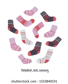 Big set of cute vector illustration hygge elements with holidays lettering. Autumn and winter mood. Set of socks isolated on white background. Scandinavian style