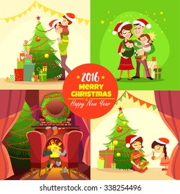 Big Set Of Cute Vintage Traditional Christmas And Happy New Year Templates.Printable Cards Set With Family Celebrating Christmas,decorating Christmas Tree And Sitting By Fireplace.Vector Illustration