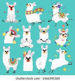 Big set of cute white llamas. Alpaca vector collection. Animals hand drawn style on blue background for children's and kids books, print, poster, stickers, fabric.