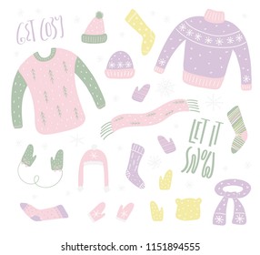 Big set of cute winter clothes, with lettering quotes Let it snow, Get cozy. Isolated objects on white background. Hand drawn vector illustration. Flat style design. Concept for Christmas card, invite