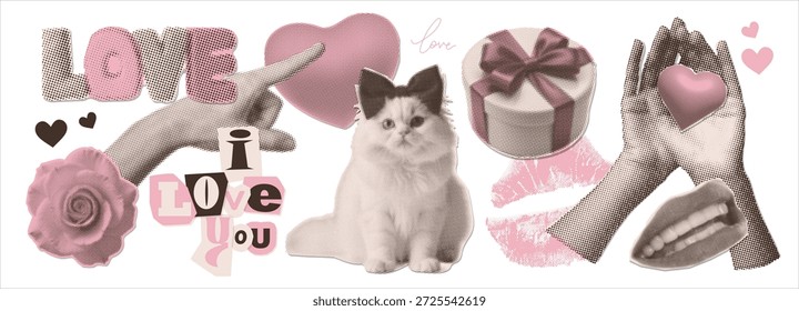 Große Set von ausgeschnittenen Halbton Collage Valentine's Day Papier Aufkleber. Hände, Herz, Rose, flauschige Katze und Schriftzug. Liebe Romantik Valentinstag Papierschnitt Elemente Set. Vektorgrafik