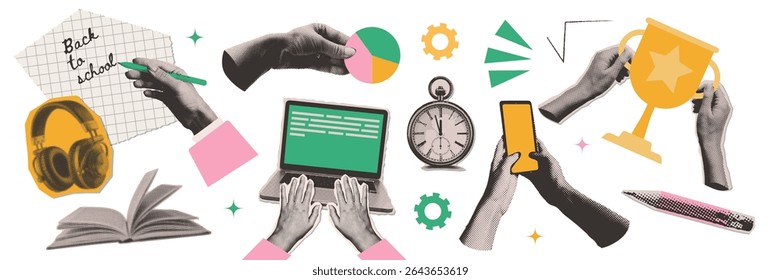 Big set of cutout paper elements halftone collage on the theme of education and back to school. Torn out stickers of Stationery, book, laptop, hands holding winner s cup and phone, headphones. Vector