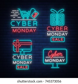 Big set Cyber Monday, illustration discount sale concept in neon style, online shopping and marketing concept, vector illustration. Neon luminous signboard, bright banner, illuminated advertisement