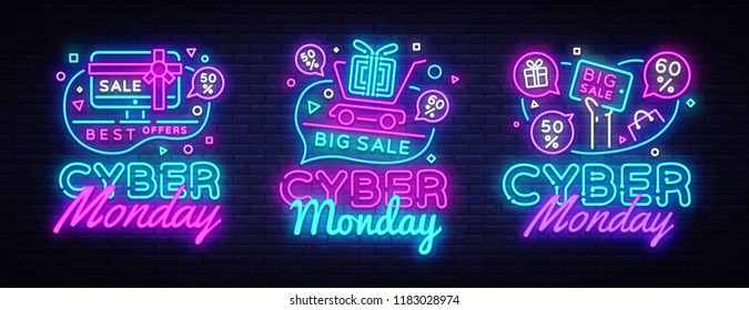 Big set Cyber Monday, Vector illustration discount sale concept in neon style, online shopping and marketing concept. Neon Light signboard, bright banner, illuminated advertisement