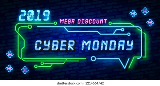 Big set Cyber Monday, Vector illustration discount sale concept in neon style, online shopping and marketing concept. Neon Light signboard, bright banner