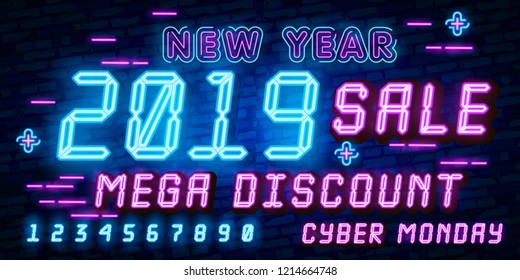 Big set Cyber Monday, Vector illustration discount sale concept in neon style, online shopping and marketing concept. Neon Light signboard, bright banner