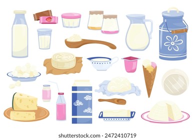 Gran conjunto de productos lácteos. Ilustración de dibujos animados de Vector de leche, queso, mantequilla, crema agria, yogur, requesón y helado. Alimentos lácteos orgánicos para el mercado de diseño de productos agrícolas.